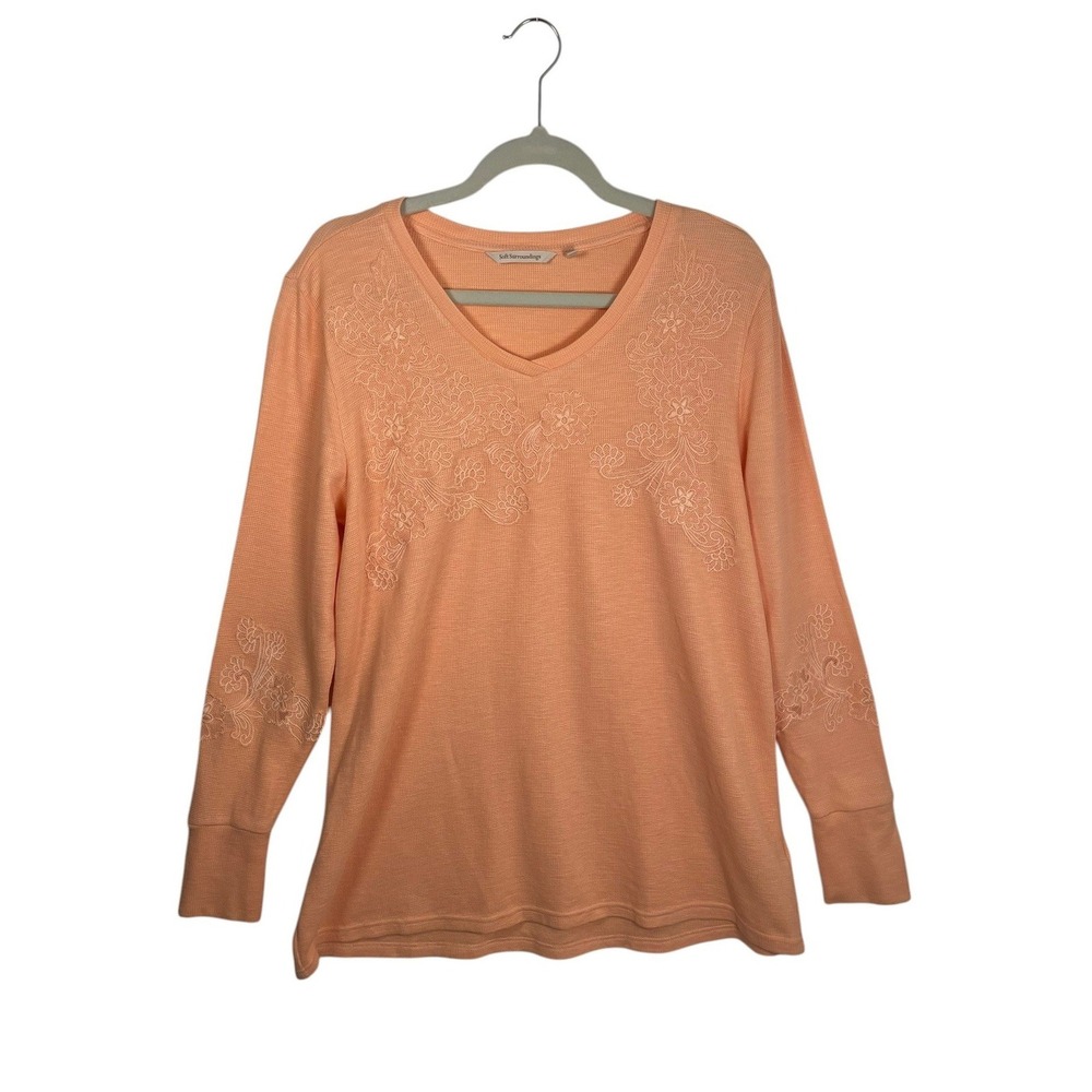 Soft Surroundings Peach Waffle Knit‎ Floral Embroidered V-Neck Top Large 2FL03
